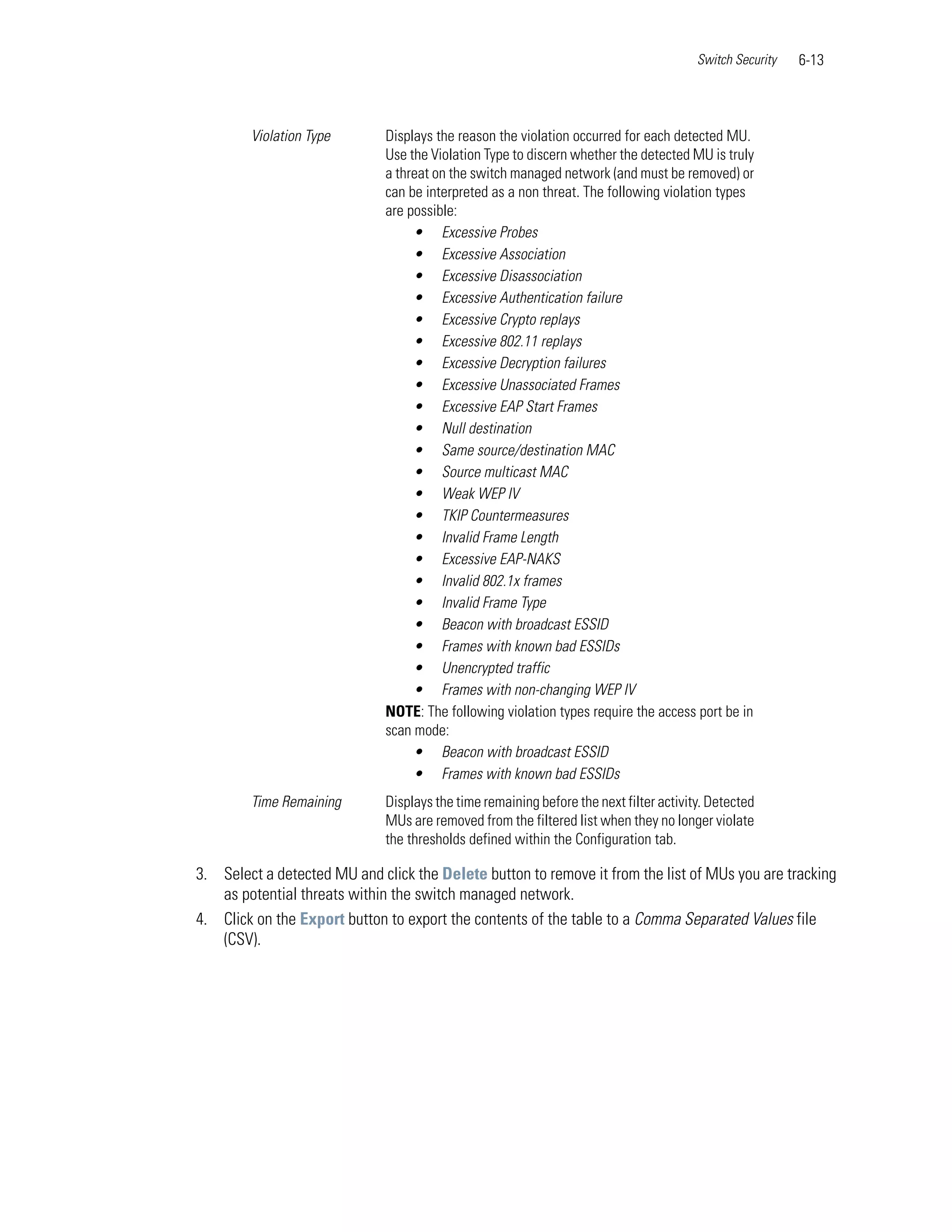 Switch Security   6-13



        Violation Type        Displays the reason the violation occurred for each detected MU.
                              Use the Violation Type to discern whether the detected MU is truly
                              a threat on the switch managed network (and must be removed) or
                              can be interpreted as a non threat. The following violation types
                              are possible:
                                   • Excessive Probes
                                   • Excessive Association
                                   • Excessive Disassociation
                                   • Excessive Authentication failure
                                   • Excessive Crypto replays
                                   • Excessive 802.11 replays
                                   • Excessive Decryption failures
                                   • Excessive Unassociated Frames
                                   • Excessive EAP Start Frames
                                   • Null destination
                                   • Same source/destination MAC
                                   • Source multicast MAC
                                   • Weak WEP IV
                                   • TKIP Countermeasures
                                   • Invalid Frame Length
                                   • Excessive EAP-NAKS
                                   • Invalid 802.1x frames
                                   • Invalid Frame Type
                                   • Beacon with broadcast ESSID
                                   • Frames with known bad ESSIDs
                                   • Unencrypted traffic
                                   • Frames with non-changing WEP IV
                              NOTE: The following violation types require the access port be in
                              scan mode:
                                   • Beacon with broadcast ESSID
                                   • Frames with known bad ESSIDs
        Time Remaining        Displays the time remaining before the next filter activity. Detected
                              MUs are removed from the filtered list when they no longer violate
                              the thresholds defined within the Configuration tab.

3. Select a detected MU and click the Delete button to remove it from the list of MUs you are tracking
   as potential threats within the switch managed network.
4. Click on the Export button to export the contents of the table to a Comma Separated Values file
   (CSV).
 