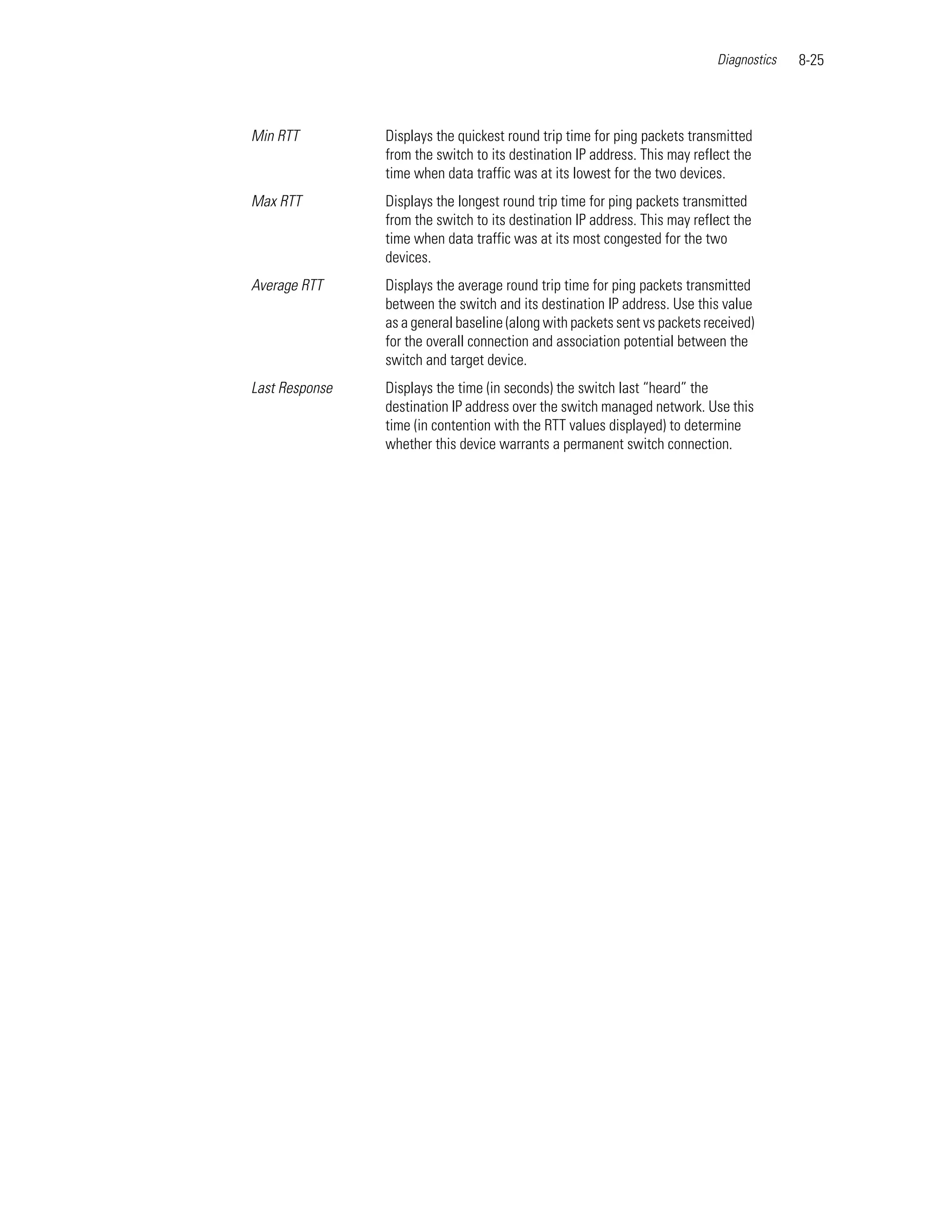 Diagnostics   8-25



Min RTT         Displays the quickest round trip time for ping packets transmitted
                from the switch to its destination IP address. This may reflect the
                time when data traffic was at its lowest for the two devices.
Max RTT         Displays the longest round trip time for ping packets transmitted
                from the switch to its destination IP address. This may reflect the
                time when data traffic was at its most congested for the two
                devices.
Average RTT     Displays the average round trip time for ping packets transmitted
                between the switch and its destination IP address. Use this value
                as a general baseline (along with packets sent vs packets received)
                for the overall connection and association potential between the
                switch and target device.
Last Response   Displays the time (in seconds) the switch last “heard” the
                destination IP address over the switch managed network. Use this
                time (in contention with the RTT values displayed) to determine
                whether this device warrants a permanent switch connection.
 