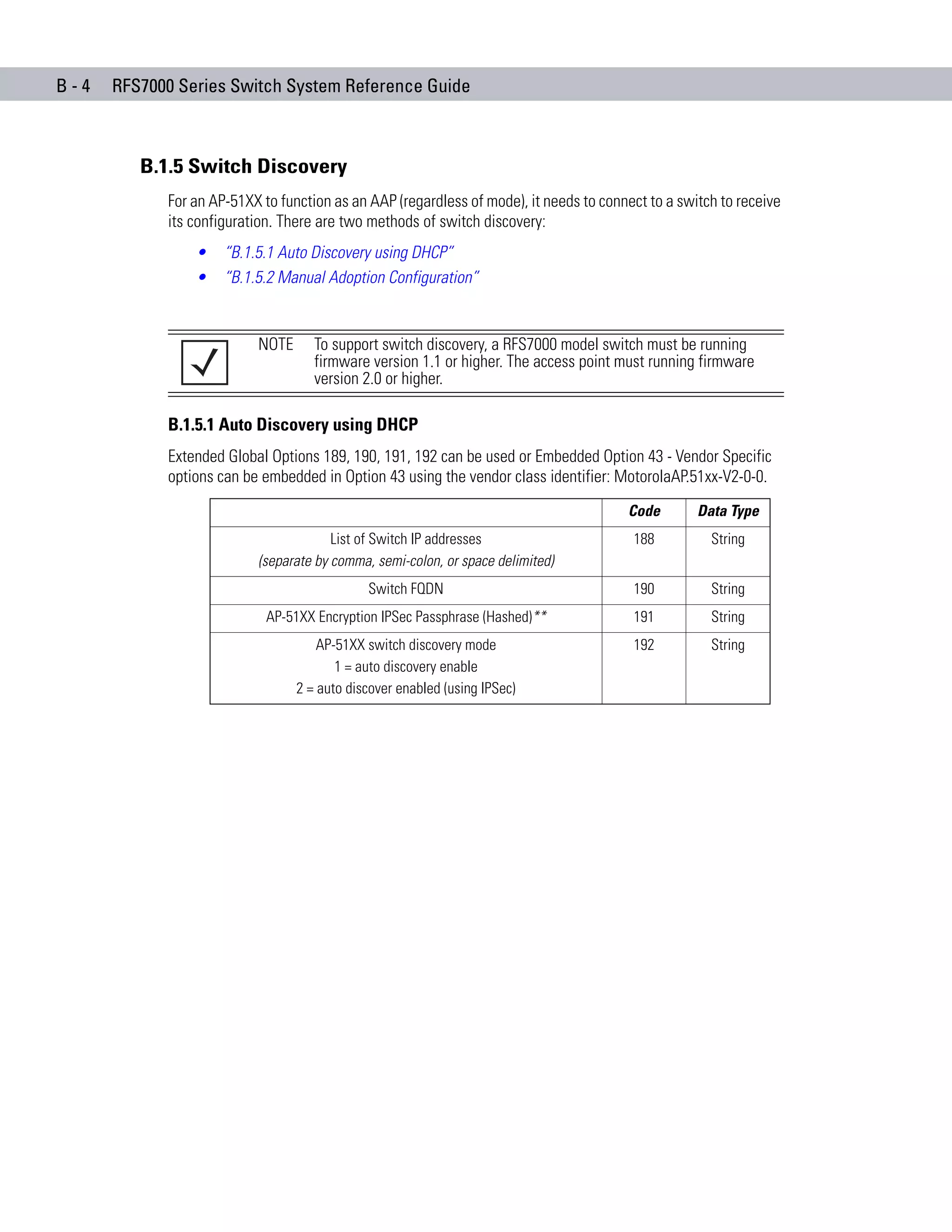 B-4   RFS7000 Series Switch System Reference Guide



         B.1.5 Switch Discovery
            For an AP-51XX to function as an AAP (regardless of mode), it needs to connect to a switch to receive
            its configuration. There are two methods of switch discovery:
                •    “B.1.5.1 Auto Discovery using DHCP”
                •    “B.1.5.2 Manual Adoption Configuration”


                          NOTE      To support switch discovery, a RFS7000 model switch must be running
                                    firmware version 1.1 or higher. The access point must running firmware
                                    version 2.0 or higher.

            B.1.5.1 Auto Discovery using DHCP
            Extended Global Options 189, 190, 191, 192 can be used or Embedded Option 43 - Vendor Specific
            options can be embedded in Option 43 using the vendor class identifier: MotorolaAP.51xx-V2-0-0.
                                                                                       Code        Data Type
                                       List of Switch IP addresses                      188          String
                          (separate by comma, semi-colon, or space delimited)
                                             Switch FQDN                                190          String
                            AP-51XX Encryption IPSec Passphrase (Hashed)**              191          String
                                     AP-51XX switch discovery mode                      192          String
                                        1 = auto discovery enable
                                 2 = auto discover enabled (using IPSec)
 