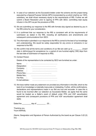 RfS for Selection of “500 MW Grid Connected Solar Power Projects in ...