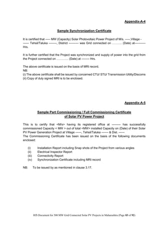 RfS for Selection of “500 MW Grid Connected Solar Power Projects in ...