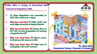  37 Page Regulation last amended in
2017; less used now-a-days;
 Why less used Now ??? REIT; InViT and
very High premium in Equity Market
 Why Less Used Now ??? Heavy flow of
FPI, FDI, FII and Acquisition of running
companies by VCF
 Why Less Used Now ??? Direct access
to Overseas SE; Access to ECB
 Why Less Used Now ??? High cost of
managing Trust and Trustees
Public Offer & Listing of Securitized Debt
Instrument Regulation 2008
Dr. Ajay Garg
Corporate Valuer, Counsel & Lawyers
 