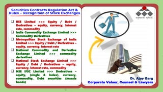  BSE Limited >>> Equity / Debt /
Derivatives – equity, currency, interest
rate, commodity
 India Commodity Exchange Limited >>>
Commodity Derivatives
 Metropolitan Stock Exchange of India
Limited >>> Equity / Debt / Derivatives –
equity, currency, interest rate
 National Commodity and Derivative
Exchange Limited >>> commodity
derivatives
 National Stock Exchange Limited >>>
Equity / Debt / Derivatives – equity,
currency, interest rate, commodity
 NSE IFSC Limited >>> Derivatives –
equity, (single & index), currency,
commodity, Debt securities (masala
bonds)
Securities Contracts Regulation Act &
Rules – Recognition of Stock Exchanges
Dr. Ajay Garg
Corporate Valuer, Counsel & Lawyers
 