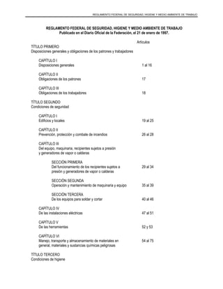 REGLAMENTO FEDERAL DE SEGURIDAD, HIGIENE Y MEDIO AMBIENTE DE TRABAJO
REGLAMENTO FEDERAL DE SEGURIDAD, HIGIENE Y MEDIO AMBIENTE DE TRABAJO
Publicado en el Diario Oficial de la Federación, el 21 de enero de 1997.
Artículos
TÍTULO PRIMERO
Disposiciones generales y obligaciones de los patrones y trabajadores
CAPÍTULO I
Disposiciones generales 1 al 16
CAPÍTULO II
Obligaciones de los patrones 17
CAPÍTULO III
Obligaciones de los trabajadores 18
TÍTULO SEGUNDO
Condiciones de seguridad
CAPÍTULO I
Edificios y locales 19 al 25
CAPÍTULO II
Prevención, protección y combate de incendios 26 al 28
CAPÍTULO III
Del equipo, maquinaria, recipientes sujetos a presión
y generadores de vapor o calderas
SECCIÓN PRIMERA
Del funcionamiento de los recipientes sujetos a 29 al 34
presión y generadores de vapor o calderas
SECCIÓN SEGUNDA
Operación y mantenimiento de maquinaria y equipo 35 al 39
SECCIÓN TERCERA
De los equipos para soldar y cortar 40 al 46
CAPÍTULO IV
De las instalaciones eléctricas 47 al 51
CAPÍTULO V
De las herramientas 52 y 53
CAPÍTULO VI
Manejo, transporte y almacenamiento de materiales en 54 al 75
general, materiales y sustancias químicas peligrosas
TÍTULO TERCERO
Condiciones de higiene
 