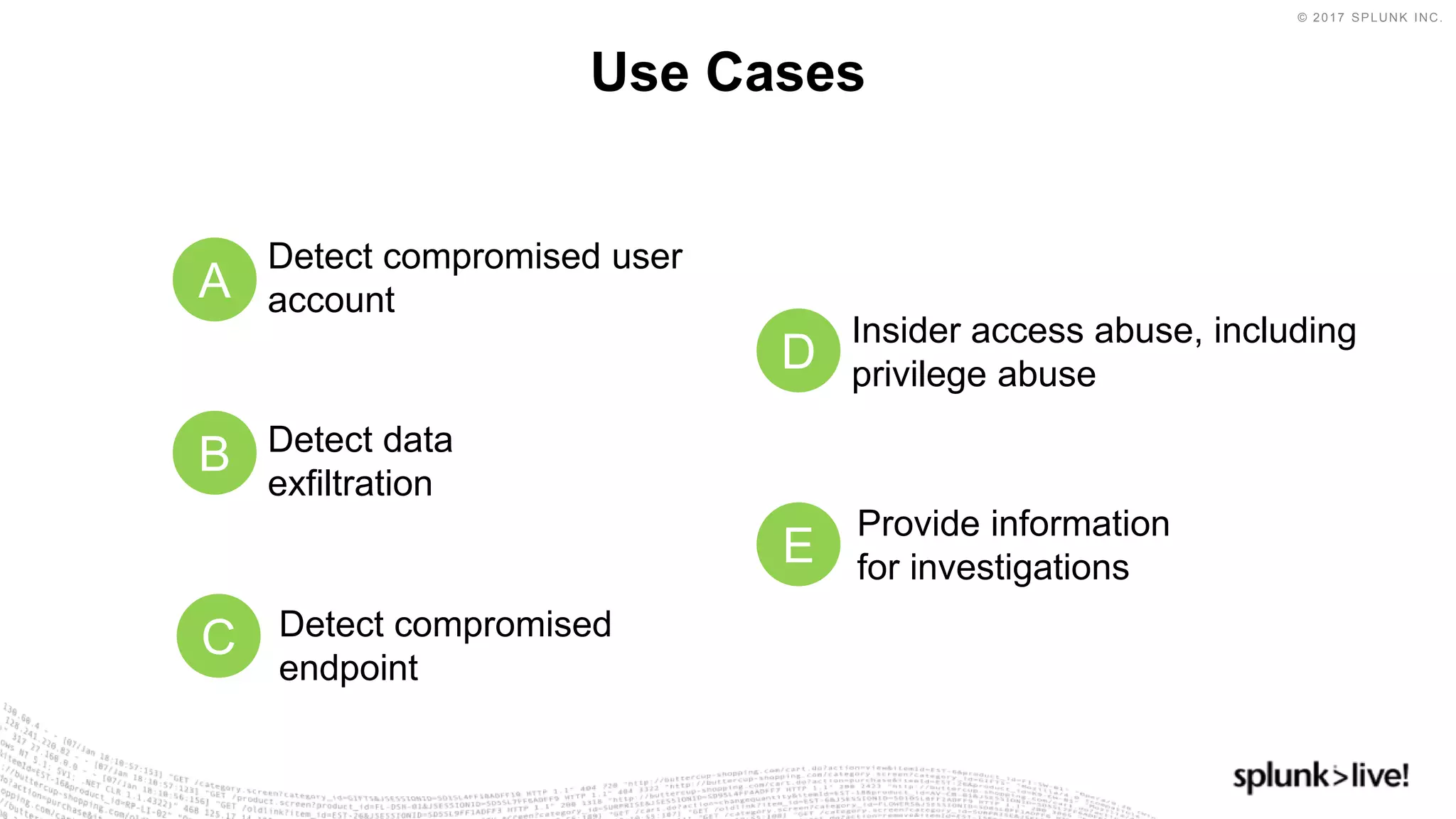© 2017 SPLUNK INC.
Use Cases
Detect compromised user
account
Detect compromised
endpoint
Detect data
exfiltration
Insider access abuse, including
privilege abuse
Provide information
for investigations
A
B
C
D
E
 