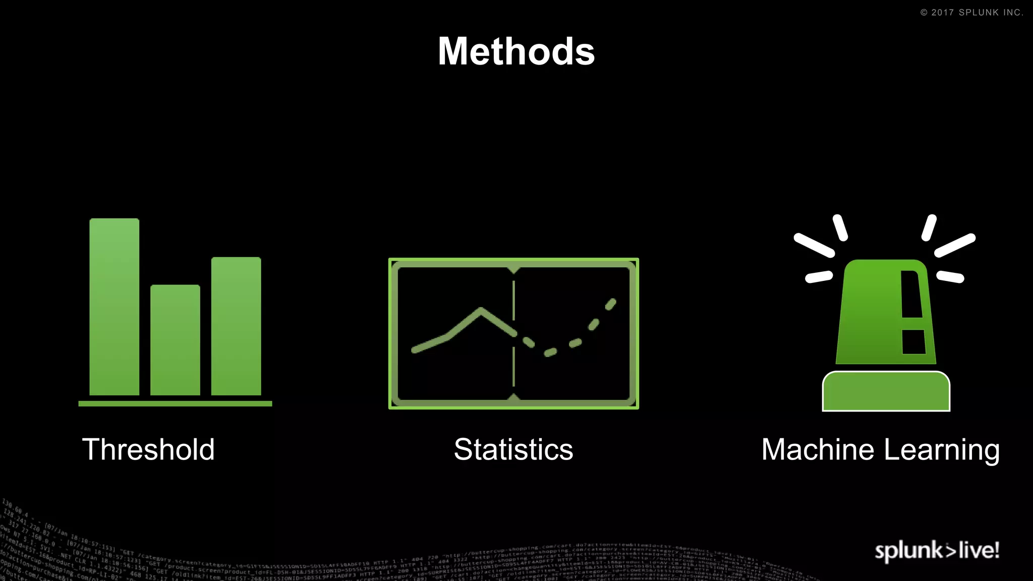© 2017 SPLUNK INC.
Methods
Threshold Statistics Machine Learning
 