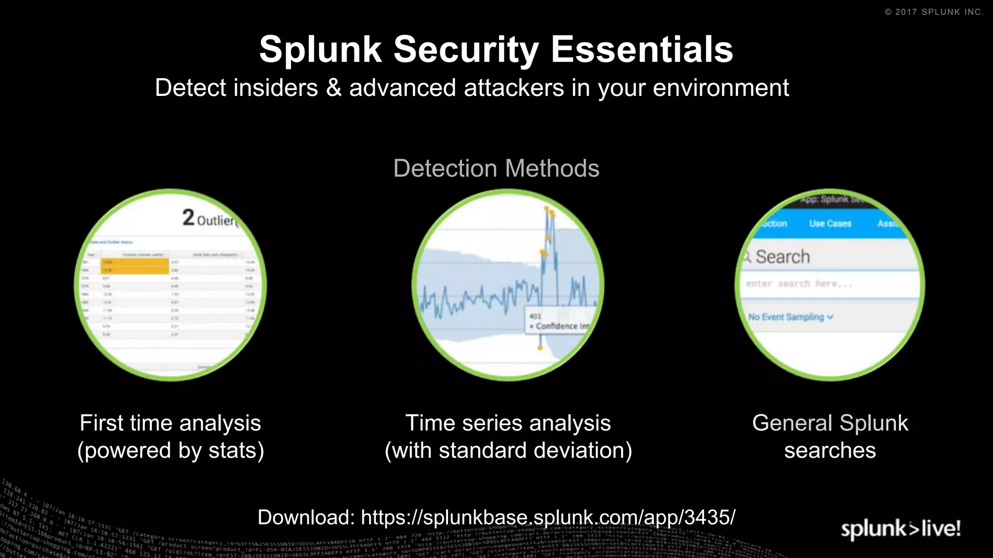 © 2017 SPLUNK INC.
Splunk Security Essentials
Detection Methods
Time series analysis
(with standard deviation)
First time analysis
(powered by stats)
General Splunk
searches
Detect insiders & advanced attackers in your environment
Download: https://splunkbase.splunk.com/app/3435/
 