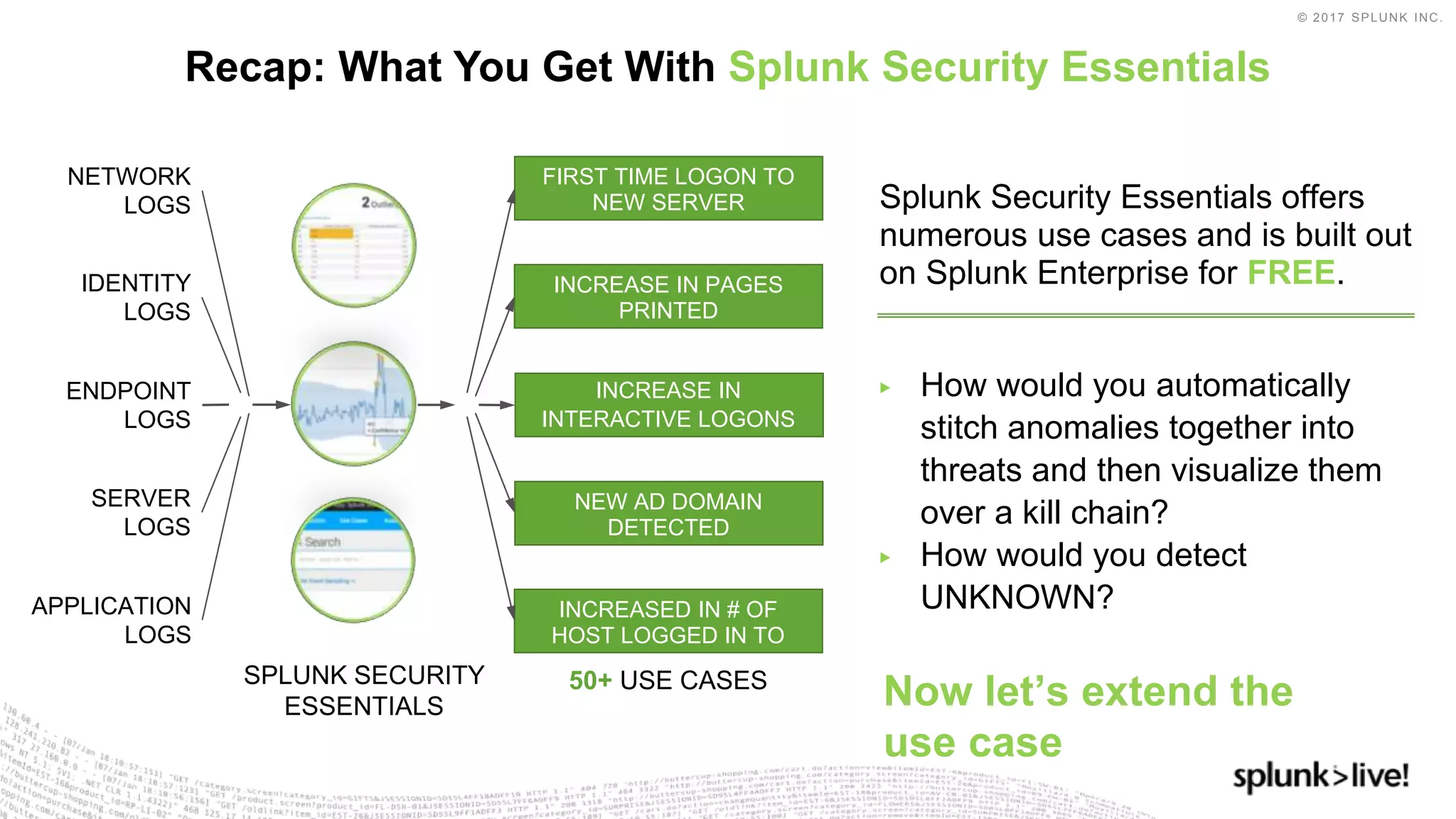 © 2017 SPLUNK INC.
Recap: What You Get With Splunk Security Essentials
50+ USE CASES
APPLICATION
LOGS
NETWORK
LOGS
ENDPOINT
LOGS
SERVER
LOGS
IDENTITY
LOGS
FIRST TIME LOGON TO
NEW SERVER
INCREASE IN PAGES
PRINTED
INCREASE IN
INTERACTIVE LOGONS
NEW AD DOMAIN
DETECTED
INCREASED IN # OF
HOST LOGGED IN TO
SPLUNK SECURITY
ESSENTIALS
Splunk Security Essentials offers
numerous use cases and is built out
on Splunk Enterprise for FREE.
▶ How would you automatically
stitch anomalies together into
threats and then visualize them
over a kill chain?
▶ How would you detect
UNKNOWN?
Now let’s extend the
use case
 