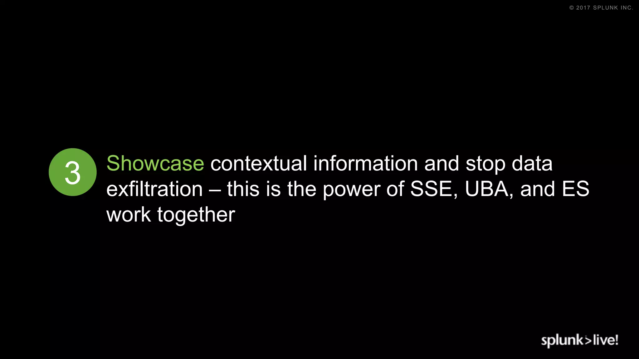 © 2017 SPLUNK INC.
Showcase contextual information and stop data
exfiltration – this is the power of SSE, UBA, and ES
work together
3
 