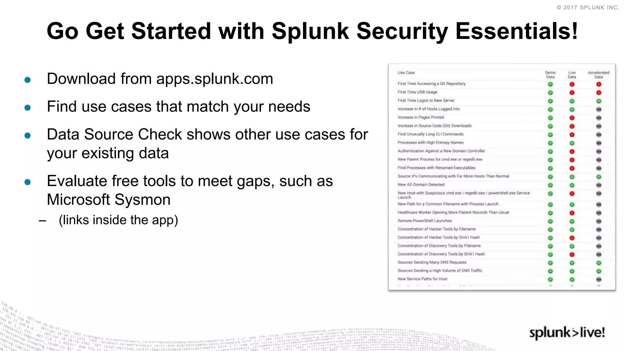 © 2017 SPLUNK INC.
Go Get Started with Splunk Security Essentials!
● Download from apps.splunk.com
● Find use cases that match your needs
● Data Source Check shows other use cases for
your existing data
● Evaluate free tools to meet gaps, such as
Microsoft Sysmon
– (links inside the app)
 