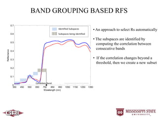 BAND GROUPING BASED RFS
350 450 550 650 750 850 950 1050 1150 1250 1350
0
0.1
0.2
0.3
0.4
0.5
0.6
0.7
Wavelength (nm)
Reflectance
Cotton
Johnsongrass
Candidate Band
Identified Subspaces
Subspaces being identified
• An approach to select Rs automatically
• The subspaces are identified by
computing the correlation between
consecutive bands
• If the correlation changes beyond a
threshold, then we create a new subset
 