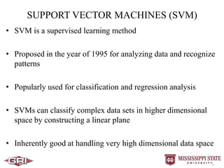 SUPPORT VECTOR MACHINES (SVM)
• SVM is a supervised learning method
• Proposed in the year of 1995 for analyzing data and recognize
patterns
• Popularly used for classification and regression analysis
• SVMs can classify complex data sets in higher dimensional
space by constructing a linear plane
• Inherently good at handling very high dimensional data space
 