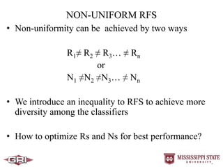 • Non-uniformity can be achieved by two ways
R1≠ R2 ≠ R3… ≠ Rn
or
N1 ≠N2 ≠N3… ≠ Nn
• We introduce an inequality to RFS to achieve more
diversity among the classifiers
• How to optimize Rs and Ns for best performance?
NON-UNIFORM RFS
 