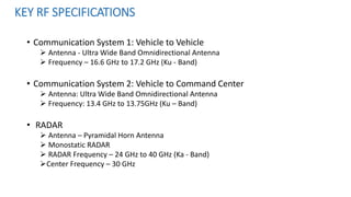 KEY RF SPECIFICATIONS
• Communication System 1: Vehicle to Vehicle
 Antenna - Ultra Wide Band Omnidirectional Antenna
 Frequency – 16.6 GHz to 17.2 GHz (Ku - Band)
• Communication System 2: Vehicle to Command Center
 Antenna: Ultra Wide Band Omnidirectional Antenna
 Frequency: 13.4 GHz to 13.75GHz (Ku – Band)
• RADAR
 Antenna – Pyramidal Horn Antenna
 Monostatic RADAR
 RADAR Frequency – 24 GHz to 40 GHz (Ka - Band)
Center Frequency – 30 GHz
 