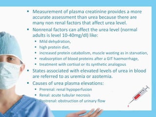  Measurement of plasma creatinine provides a more
accurate assessment than urea because there are
many non renal factors that affect urea level.
 Nonrenal factors can affect the urea level (normal
adults is level 10-40mg/dl) like:
 Mild dehydration,
 high protein diet,
 increased protein catabolism, muscle wasting as in starvation,
 reabsorption of blood proteins after a GIT haemorrhage,
 treatment with cortisol or its synthetic analogous
 States associated with elevated levels of urea in blood
are referred to as uremia or azotemia.
 Causes of urea plasma elevations:
 Prerenal: renal hypoperfusion
 Renal: acute tubular necrosis
 Postrenal: obstruction of urinary flow
 