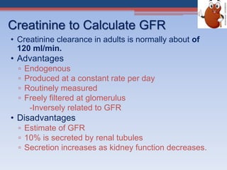 Creatinine to Calculate GFR
• Creatinine clearance in adults is normally about of
120 ml/min.
• Advantages
▫ Endogenous
▫ Produced at a constant rate per day
▫ Routinely measured
▫ Freely filtered at glomerulus
-Inversely related to GFR
• Disadvantages
▫ Estimate of GFR
▫ 10% is secreted by renal tubules
▫ Secretion increases as kidney function decreases.
 