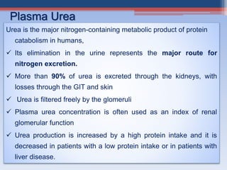 Urea is the major nitrogen-containing metabolic product of protein
catabolism in humans,
 Its elimination in the urine represents the major route for
nitrogen excretion.
 More than 90% of urea is excreted through the kidneys, with
losses through the GIT and skin
 Urea is filtered freely by the glomeruli
 Plasma urea concentration is often used as an index of renal
glomerular function
 Urea production is increased by a high protein intake and it is
decreased in patients with a low protein intake or in patients with
liver disease.
Plasma Urea
 