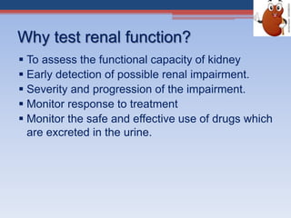 Why test renal function?
 To assess the functional capacity of kidney
 Early detection of possible renal impairment.
 Severity and progression of the impairment.
 Monitor response to treatment
 Monitor the safe and effective use of drugs which
are excreted in the urine.
 