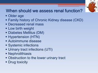 When should we assess renal function?
 Older age
 Family history of Chronic Kidney disease (CKD)
 Decreased renal mass
 Low birth weight
 Diabetes Mellitus (DM)
 Hypertension (HTN)
 Autoimmune disease
 Systemic infections
 Urinary tract infections (UTI)
 Nephrolithiasis
 Obstruction to the lower urinary tract
 Drug toxicity
 