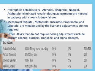 • Hydrophilic beta blockers - Atenolol, Bisoprolol, Nadolol,
Acebutolol-eliminated renally -dosing adjustments are needed
in patients with chronic kidney failure.
• Metoprolol tartrate , Metoprolol succinate, Propranolol,and
Labetalol are metabolized by the liver and adjustments are not
required.
• Other AHA’s that do not require dosing adjustments include
calcium channel blockers, clonidine and alpha blockers.
 