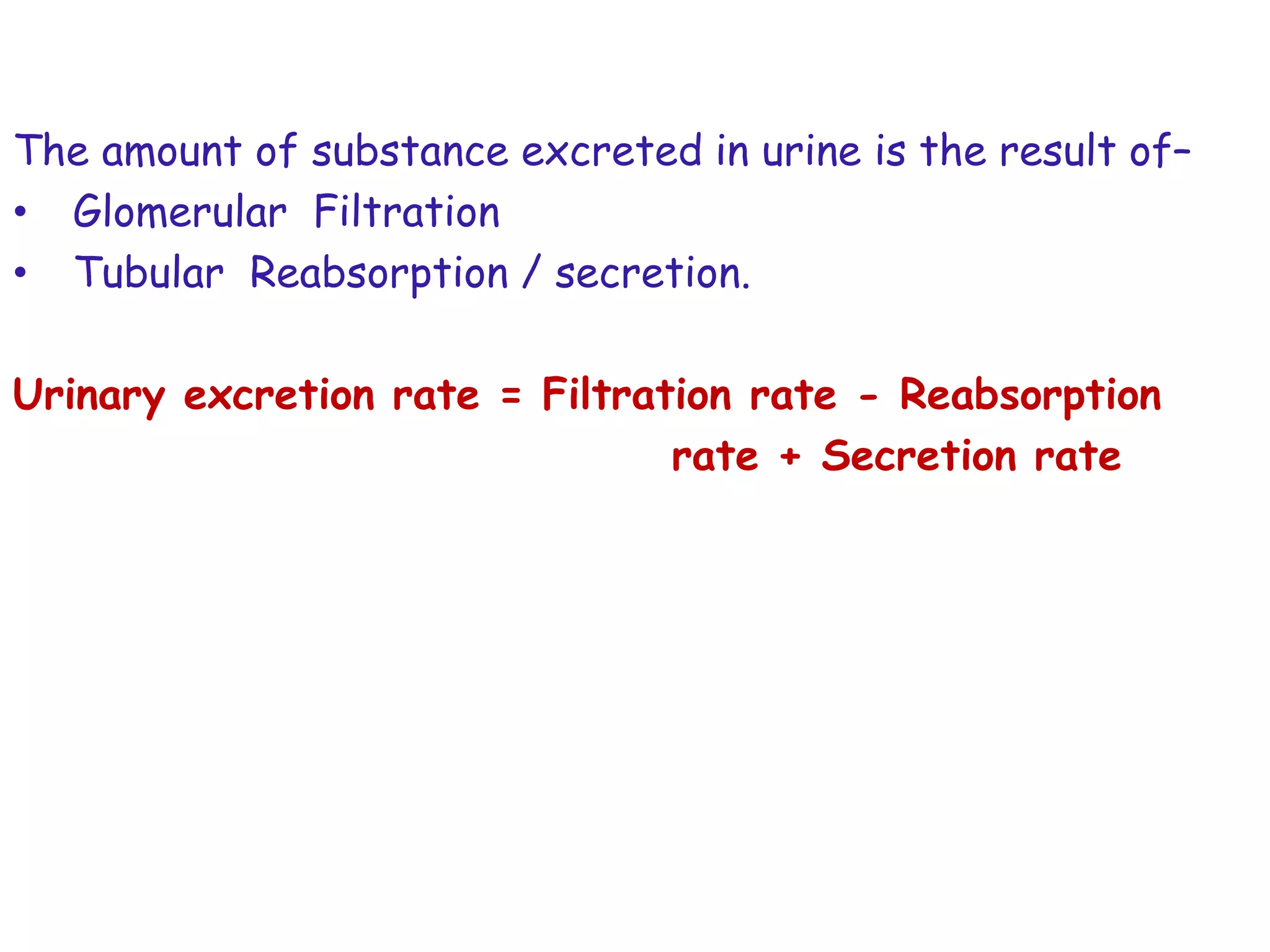 The amount of substance excreted in urine is the result of–
• Glomerular Filtration
• Tubular Reabsorption / secretion.
Urinary excretion rate = Filtration rate - Reabsorption
rate + Secretion rate
 