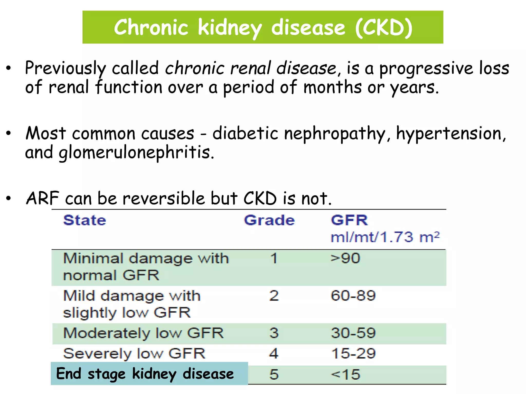 Chronic kidney disease (CKD)
• Previously called chronic renal disease, is a progressive loss
of renal function over a period of months or years.
• Most common causes - diabetic nephropathy, hypertension,
and glomerulonephritis.
• ARF can be reversible but CKD is not.
End stage kidney disease
 