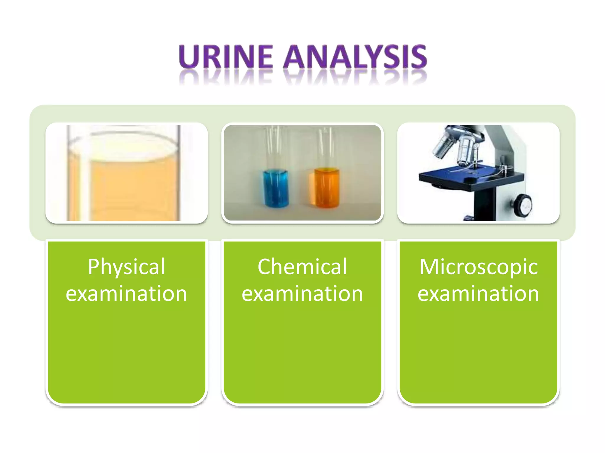 Physical
examination
Chemical
examination
Microscopic
examination
 