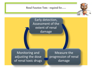 Early detection,
Assessment of the
extent of renal
damage
Measure the
progression of renal
damage
Monitoring and
adjusting the dose
of renal toxic drugs
Renal Function Tests –required for……
 