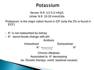 Potassium: is the major cation found in ICF (only the 2% is found in
ECF)
 K+ is not reabsorbed by kidney
 K+ serum levels change with pH:
Acidosis
Intracellular Extracellular
K+ H+
Chronic Alkalosis
Associated to K+ decreasing
(ie. Diuretic therapy, vomit, laxatives excess)
Serum: N.R. 3,5-5,3 mEq/L
Urine: N.R. 10-20 mmol/die
 