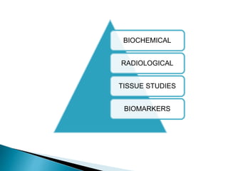 BIOCHEMICAL
RADIOLOGICAL
TISSUE STUDIES
BIOMARKERS
 