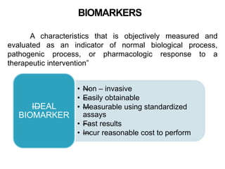 BIOMARKERS
A characteristics that is objectively measured and
evaluated as an indicator of normal biological process,
pathogenic process, or pharmacologic response to a
therapeutic intervention”
• —Non – invasive
• —Easily obtainable
• —Measurable using standardized
assays
• —Fast results
• —Incur reasonable cost to perform
—IDEAL
BIOMARKER
 