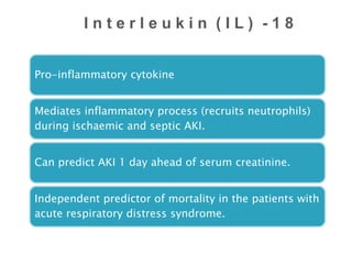  Interleukin-18
o Proinflammatory cytokine produced by distal
tubules,collecting ducts of kidney
o Secretion distinctly increases in AKI
o Urinary IL-18 a useful biomarker of AKI
I n t e r l e u k i n ( I L ) - 1 8
Pro-inflammatory cytokine
Mediates inflammatory process (recruits neutrophils)
during ischaemic and septic AKI.
Can predict AKI 1 day ahead of serum creatinine.
Independent predictor of mortality in the patients with
acute respiratory distress syndrome.
 