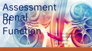 Assessment
of
Renal
Function DR SEEMA LEKHWANI
ASSISTANT PROFESSOR
BIOCHEMISTRY
DEPARTMENT
 