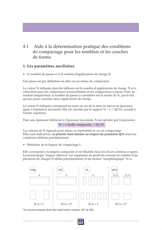 4.1 Aide à la détermination pratique des conditions
de compactage pour les remblais et les couches
de forme.
1. Les paramètres auxiliaires
• Le nombre de passes n et le nombre d'applications de charge N.
Une passe est par définition un aller ou un retour de compacteur.
La valeur N indiquée dans les tableaux est le nombre d'applications de charge. N et n
coïncident pour les compacteurs monocylindres et les compacteurs à pneus. Pour un
tandem longitudinal, le nombre de passes à considérer est la moitié de N, par le fait
qu'une passe constitue deux applications de charge.
La valeur N indiquée correspond en outre au cas de la mise en œuvre en épaisseur
égale à l'épaisseur maximale. Elle est calculée par le rapport N = e / (Q/S), arrondi à
l'entier supérieur.
Pour une épaisseur inférieure à l'épaisseur maximale, N est calculée par l'expression :
Les valeurs de N figurent pour mieux se représenter le cas de compactage.
Elles sont indicatives, la priorité étant donnée au respect du paramètre Q/S selon les
conditions définies précédemment.
• Définition de la largeur de compactage L.
Elle correspond à la largeur compactée et est illustrée dans les divers schémas ci-après.
La terminologie "largeur effective" est supprimée au profit du concept de nombre d'ap-
plications de charges N défini précédemment, et du facteur "morphologique" N/n.
N = e réelle compactée / (Q/S).
*Le recouvrement doit être total entre essieux AV et AR..
L
N/n = 1
VMi
L
N/n = 2*
VTi
L
N/n = 1
Pi
L/2
N/n = 2*
SPTi
L/2
77
 