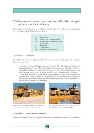 39
2.3 -Commentaires sur les conditions d’utilisation pré-
sentées dans les tableaux
Les conditions d’utilisation en remblai présentées dans les tableaux se groupent en
sept rubriques symbolisées par une lettre.
E : Extraction,
G : Action sur la granularité,
W : action sur la teneur en eau,
T : Traitement,
R : Régalage,
C : Compactage,
H : Hauteur des remblais.
- Rubrique E : Extraction
Le mode d’extraction des déblais peut interférer sensiblement sur la qualité des remblais
dans la mesure où :
- l’extraction en couche (d’épaisseur de l’ordre de 0,1 à 0,3 m) permet une bonne
fragmentation et un tri relatif des différentes couches de matériaux. Elle a la
particularité d'exposer au maximum les sols aux agents atmosphériques, ce qui
selon les cas peut-être un effet recherché ou au contraire contre-indiqué,
- l’extraction frontale se caractérise évidemment par des effets exactement
opposés. Elle offre en plus la possibilité dans les formations stratifiées, de
sélectionner le niveau présentant la meilleure portance pour le réserver à la
circulation des engins de transport.
- Rubrique G : Action sur la granularité
Dans cette rubrique sont envisagées différentes actions visant à modifier la granularité
L'extraction frontale (ou en butte), avec
un atelier pelle - tombereaux.
Le motor-scraper est l'engin d'extraction
en couches minces par excellence.
 