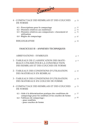 4
Sommaire
4 - COMPACTAGE DES REMBLAIS ET DES COUCHES
DE FORME
4.1 - Prescriptions pour le compactage
4.2 - Données relatives aux matériaux
4.3 - Données relatives aux compacteurs : classement et
utilisation
4.4 - Règles de compactage
BIBLIOGRAPHIE
FASCICULE II - ANNEXES TECHNIQUES
ABREVIATIONS - SYMBOLES
1 - TABLEAUX DE CLASSIFICATION DES MATE-
RIAUX UTILISES POUR LA CONSTRUCTION
DES REMBLAIS ET DES COUCHES DE FORME
2 - TABLEAUX DES CONDITIONS D’UTILISATION
DES MATERIAUX EN REMBLAI
3 - TABLEAUX DES CONDITIONS D’UTILISATION
DES MATERIAUX EN COUCHE DE FORME
4 - COMPACTAGE DES REMBLAIS ET DES COUCHES
DE FORME
4.1 - Aide à la détermination pratique des conditions de
compactage pour les remblais et les couches de forme
4.2 - Tableaux de compactage :
- pour remblais
- pour couches de forme
p. 75
p. 77
p. 79
p. 79
p. 87
p. 95
p. 5
p. 77
p. 85
p. 23
p. 53
p. 9
p. 75
 