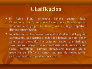ClasificaciónClasificación
 El Reino Fungi (Hongos) incluye cuatro phyla:El Reino Fungi (Hongos) incluye cuatro phyla:
Chytridiomycota, Zygomycota, Ascomycota y BasidiomycotaChytridiomycota, Zygomycota, Ascomycota y Basidiomycota,,
así como otro grupo:así como otro grupo: DeuteromycotaDeuteromycota o Fungi Imperfectio Fungi Imperfecti
(Hongos Imperfectos).(Hongos Imperfectos).
 Actualmente, se los coloca principalmente dentro del phylumActualmente, se los coloca principalmente dentro del phylum
Ascomycota, que agrupa a todos los hongos que no tienenAscomycota, que agrupa a todos los hongos que no tienen
ciclo sexual conocido. Los criterios usados para distinguirciclo sexual conocido. Los criterios usados para distinguir
estos grupos incluyen tanto características de su estructuraestos grupos incluyen tanto características de su estructura
básica (morfología), patrones moleculares (estudios de labásica (morfología), patrones moleculares (estudios de la
secuencia de DNA) y ciertos patrones de reproducción,secuencia de DNA) y ciertos patrones de reproducción,
particularmente de reproducción sexual .particularmente de reproducción sexual .
 