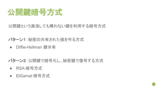 公開鍵暗号方式
公開鍵という漏洩しても構わない鍵を利用する暗号方式
パターン１：秘密の共有された値を作る方式
● Diffie-Hellman 鍵共有
パターン２：公開鍵で暗号化し、秘密鍵で復号する方式
● RSA 暗号方式
● ElGamal 暗号方式
7
 
