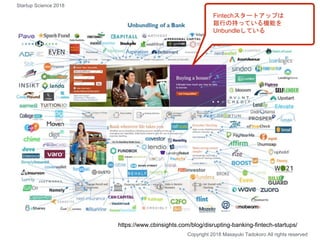 Fintechスタートアップは
銀行の持っている機能を
Unbundleしている
https://www.cbinsights.com/blog/disrupting-banking-fintech-startups/
Copyright 2018 Masayuki Tadokoro All rights reserved
Startup Science 2018
 
