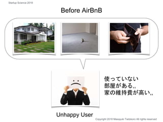 使っていない
部屋がある,,
家の維持費が高い,,
Unhappy User
Before AirBnB
Copyright 2018 Masayuki Tadokoro All rights reserved
Startup Science 2018
 