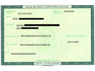 XXXXXXXX
     107.578.733-6

 ADIEL ASSIS MENEZES DA SILVA

    ARLENE APARECIDA ASSIS MENEZES DA SILVA
    JOSE EDSON DA SILVA


        SÃO BERNARDO DO CAMPO-SP

                                                16/11/2003
       SÃO BERNARDO DO CAMPO-SP


XXXXXXXXXXXXXXXXXXXX
 