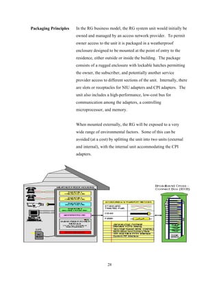 Packaging Principles   In the RG business model, the RG system unit would initially be
                       owned and managed by an access network provider. To permit
                       owner access to the unit it is packaged in a weatherproof
                       enclosure designed to be mounted at the point of entry to the
                       residence, either outside or inside the building. The package
                       consists of a rugged enclosure with lockable hatches permitting
                       the owner, the subscriber, and potentially another service
                       provider access to different sections of the unit. Internally, there
                       are slots or receptacles for NIU adapters and CPI adapters. The
                       unit also includes a high-performance, low-cost bus for
                       communication among the adapters, a controlling
                       microprocessor, and memory.


                       When mounted externally, the RG will be exposed to a very
                       wide range of environmental factors. Some of this can be
                       avoided (at a cost) by splitting the unit into two units (external
                       and internal), with the internal unit accommodating the CPI
                       adapters.




                                          28
 