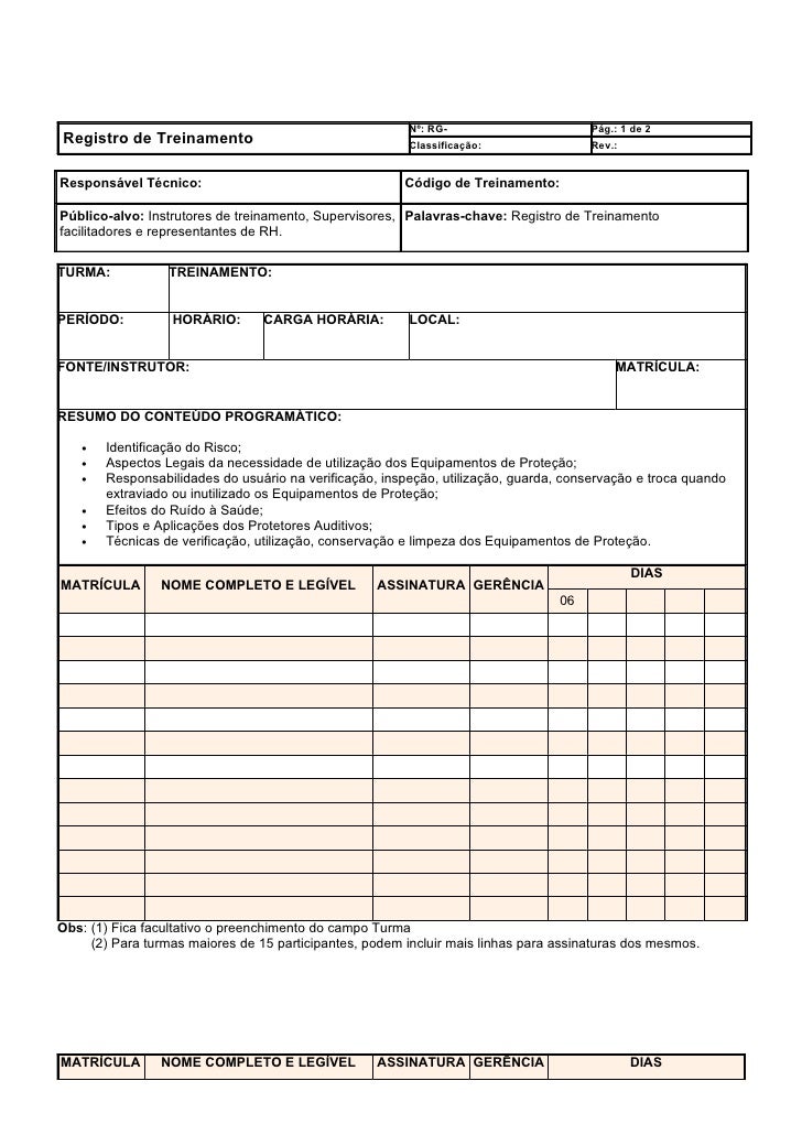 MODELO DE LISTA DE PRESENÇA PARA TREINAMENTOS