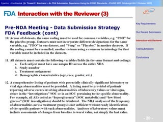 Geneva Branch
Cytel Inc. - Confidential
- 20 -
[A. Tinazzi C. Marchand – An FDA Submission Experience Using the CDISC Standards – PhUSE 2017 Edinburgh 08-11 October 2017]
Interaction with the Reviewer (3)
Pre-NDA Meeting - Data Submission Strategy
FDA Feedback (cont)
Key Requirements
Our Recent Submission
Interaction with Reviewer
Test Submission
Conclusions
 