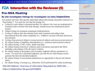 Geneva Branch
Cytel Inc. - Confidential
- 23 -
[A. Tinazzi C. Marchand – An FDA Submission Experience Using the CDISC Standards – PhUSE 2017 Edinburgh 08-11 October 2017]
Interaction with the Reviewer (5)
Pre-NDA Meeting
By site investigator listings for investigator on-sites inspections
purpose
FDA OSI Webinar: Overview of information Requested by CDER OSI……
https://collaboration.fda.gov/p44198603
Key Requirements
Our Recent Submission
Interaction with Reviewer
Test Submission
Conclusions
 