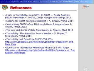 Geneva Branch
Cytel Inc. - Confidential
- 31 -
[A. Tinazzi C. Marchand – An FDA Submission Experience Using the CDISC Standards – PhUSE 2017 Edinburgh 08-11 October 2017]
References
 «Lost» in Traceability, from SDTM to ADaM …. finally Analysis
Results Metadata» A. Tinazzi, CDISC Europe Interchange 2016
 «Looking for SDTM migration specialist » A. Tinazzi, PhUSE 2014
 «Interpreting CDISC ADaM IG through Users Interpretation» A.
Tinazzi, PhUSE 2013
 «The do’s and don’ts of Data Submission» A. Tinazzi, BIAS 2013
 «Traceability: Plan Ahead for Future Needs» – S. Minjoe, T.
Petrowitsch, PhUSE 2014
 «Traceability and Data Flow PhUSE-CSS WG»
http://www.phusewiki.org/wiki/index.php?title=Traceability_and_
Data_Flow
 «Summary of Traceability References PhUSE-CSS Wiki Page»
http://www.phusewiki.org/wiki/index.php?title=Summary_of_Trac
eability_References
 