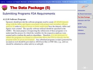 Geneva Branch
Cytel Inc. - Confidential
- 36 -
[A. Tinazzi C. Marchand – An FDA Submission Experience Using the CDISC Standards – PhUSE 2017 Edinburgh 08-11 October 2017]
The Data Package (5)
Submitting Programs FDA Requirements
Introduction
My Recent Submission
The Data Package
Interaction with FDA
SDTM
ADaM Pooling
Validation
Conclusions
 
