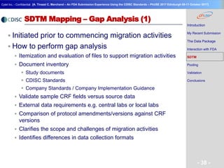 Geneva Branch
Cytel Inc. - Confidential
- 38 -
[A. Tinazzi C. Marchand – An FDA Submission Experience Using the CDISC Standards – PhUSE 2017 Edinburgh 08-11 October 2017]
SDTM Mapping – Gap Analysis (1)
 Initiated prior to commencing migration activities
 How to perform gap analysis
 Itemization and evaluation of files to support migration activities
 Document inventory
 Study documents
 CDISC Standards
 Company Standards / Company Implementation Guidance
 Validate sample CRF fields versus source data
 External data requirements e.g. central labs or local labs
 Comparison of protocol amendments/versions against CRF
versions
 Clarifies the scope and challenges of migration activities
 Identifies differences in data collection formats
Introduction
My Recent Submission
The Data Package
Interaction with FDA
SDTM
Pooling
Validation
Conclusions
 