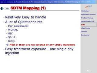 Geneva Branch
Cytel Inc. - Confidential
- 45 -
[A. Tinazzi C. Marchand – An FDA Submission Experience Using the CDISC Standards – PhUSE 2017 Edinburgh 08-11 October 2017]
SDTM Mapping (1)
 Relatively Easy to handle
 A lot of Questionnaires
 Pain Assessment
 WOMAC
 GIC
 SF-12
 KOOS
 Most of them are not covered by any CDISC standards
 Easy treatment exposure - one single day
injection
Introduction
My Recent Submission
The Data Package
Interaction with FDA
SDTM
ADaM Pooling
Validation
Conclusions
 