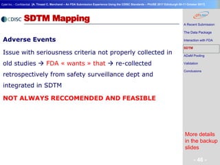 Geneva Branch
Cytel Inc. - Confidential
- 46 -
[A. Tinazzi C. Marchand – An FDA Submission Experience Using the CDISC Standards – PhUSE 2017 Edinburgh 08-11 October 2017]
SDTM Mapping
Adverse Events
Issue with seriousness criteria not properly collected in
old studies  FDA « wants » that  re-collected
retrospectively from safety surveillance dept and
integrated in SDTM
NOT ALWAYS RECCOMENDED AND FEASIBLE
A Recent Submission
The Data Package
Interaction with FDA
SDTM
ADaM Pooling
Validation
Conclusions
More details
in the backup
slides
 
